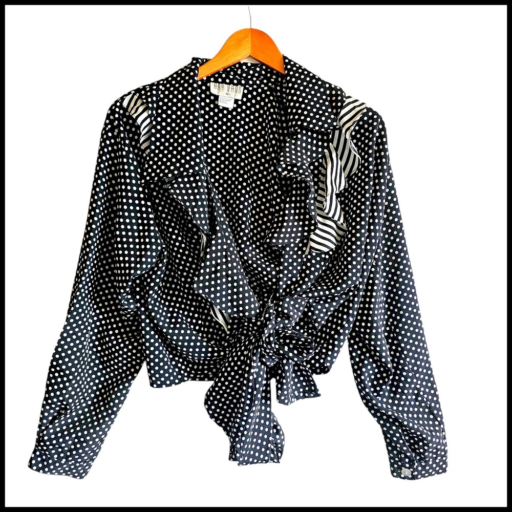 Amy Wang Polka Dot Blouse‎ Ruffle Tie Front Long Sleeve Top Medium